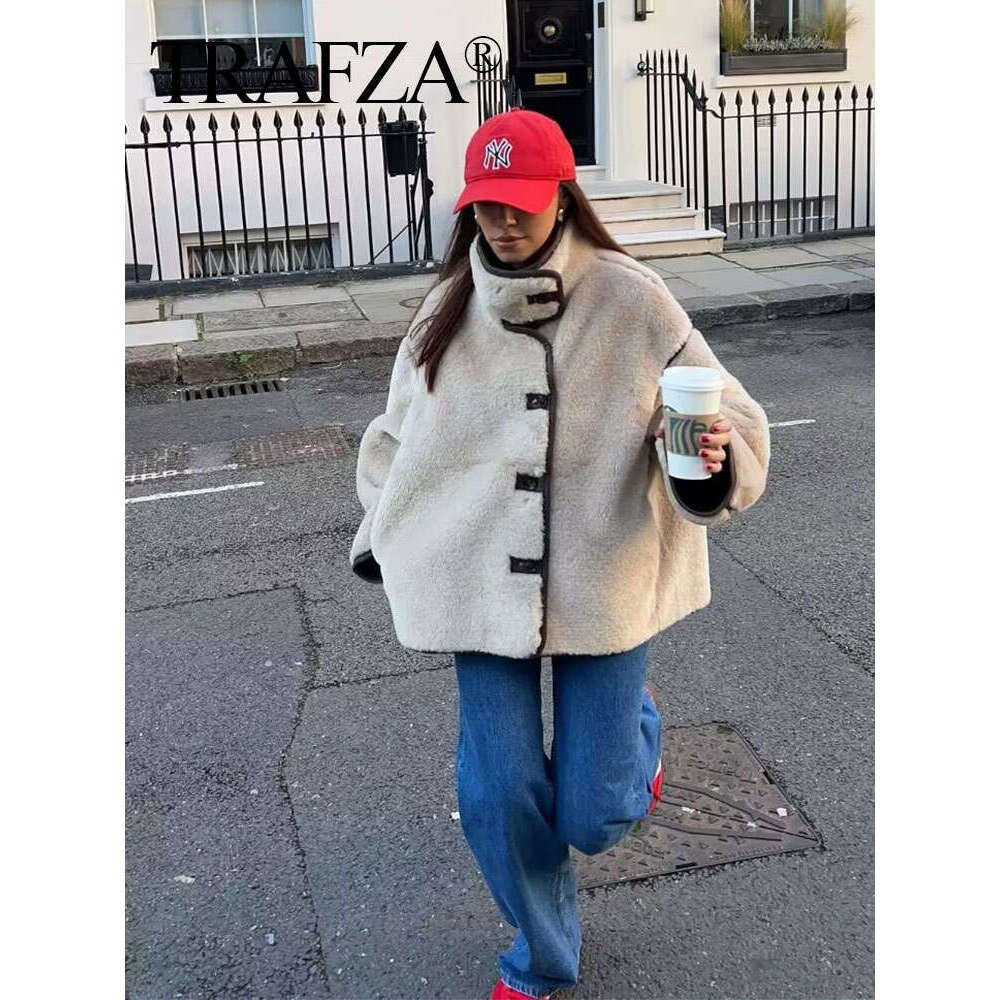 TRAFZA Autumn Fashion Women Fleece Coat Turtleneck Single Breasted Long Sleeve Jacket Winter Warm Female Casual Loose Outerwear