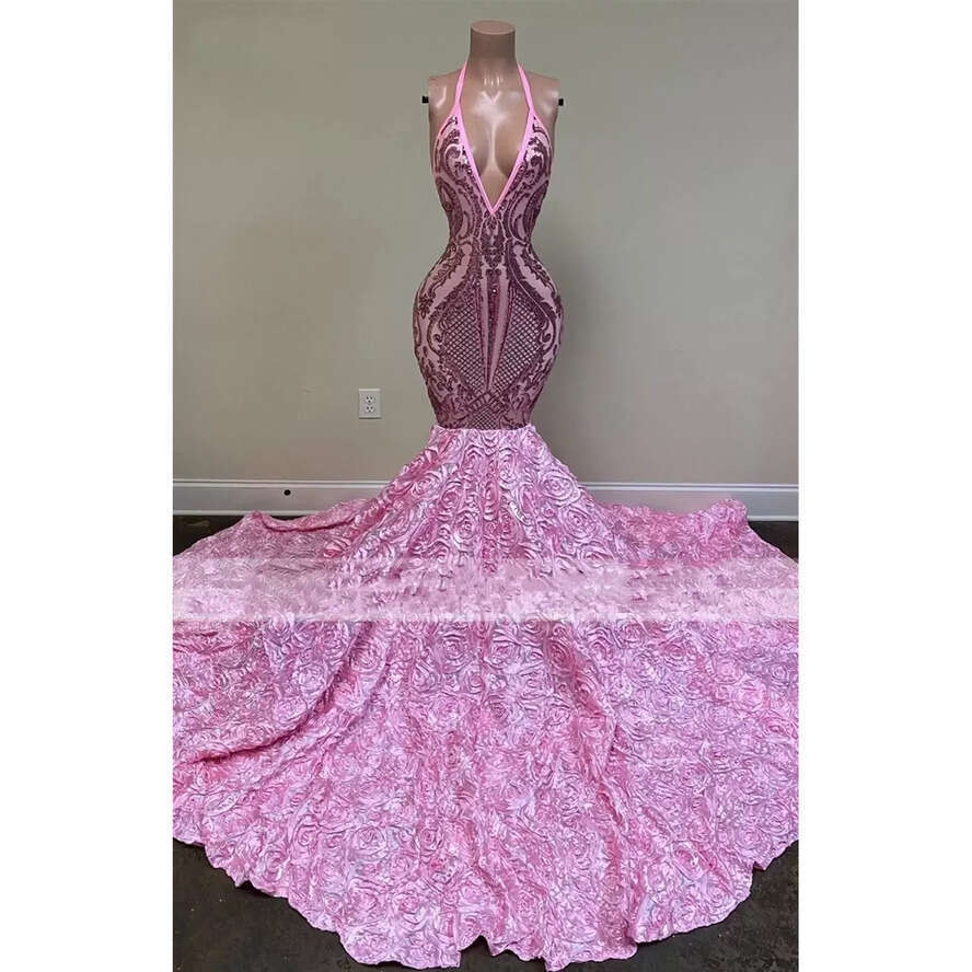 Pink Sequined Lace Prom Dresses Black Girls 2022 Sexy Halter African For Bridal Party Wear Formal Long Train Dinner Gowns Robe