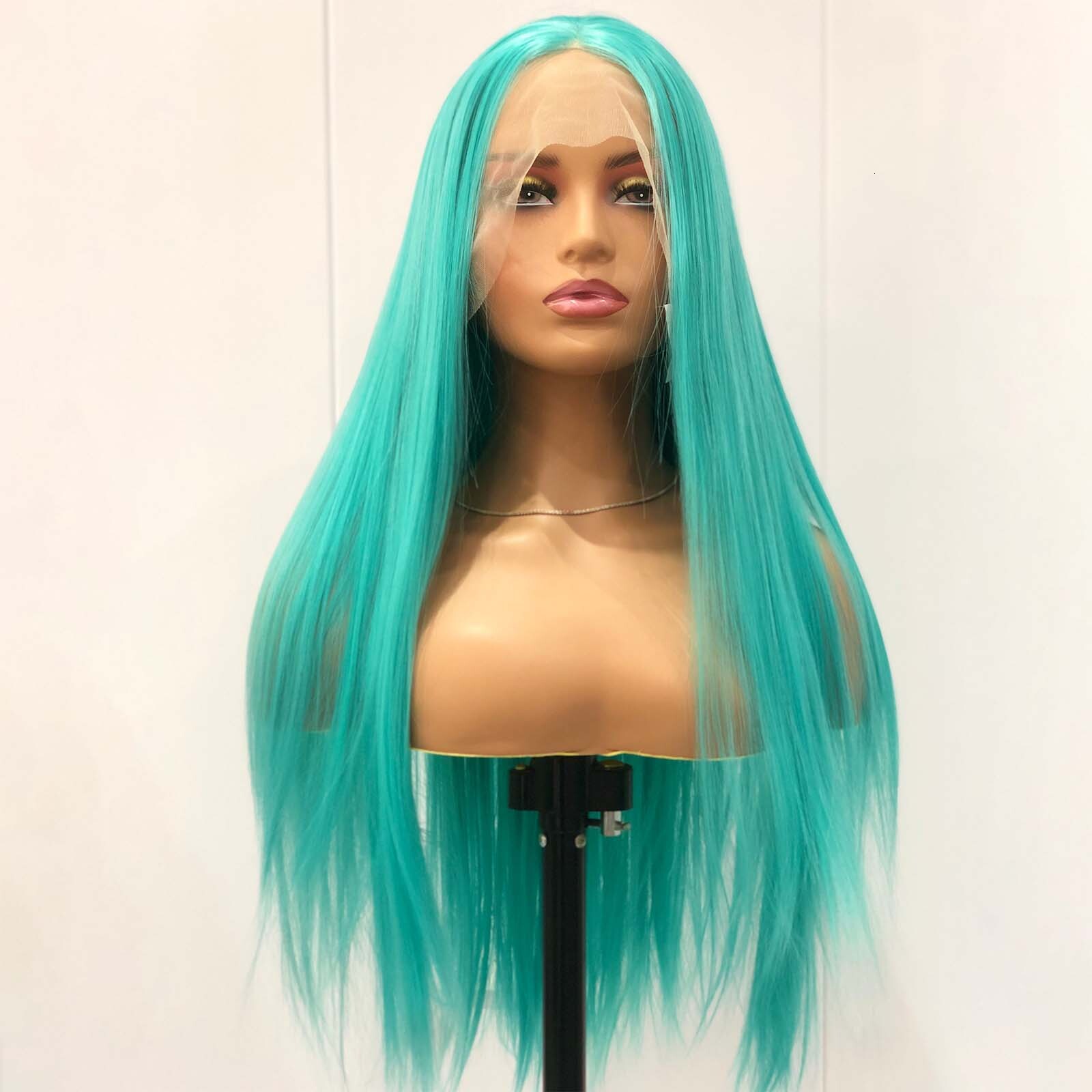 Long Silky Straight Synthetic Lace Front Wig Green Colored Lake Blue Hair Natural 13X4 Frontal Wigs for Women Party Cosplay