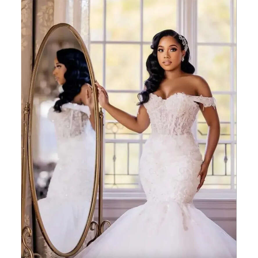 African Elegant Mermaid Wedding Dresses For Bride 2024 Off Shoulder Lace Up Closure Sweep Train Beaded Bridal Gowns Best Selg 0509