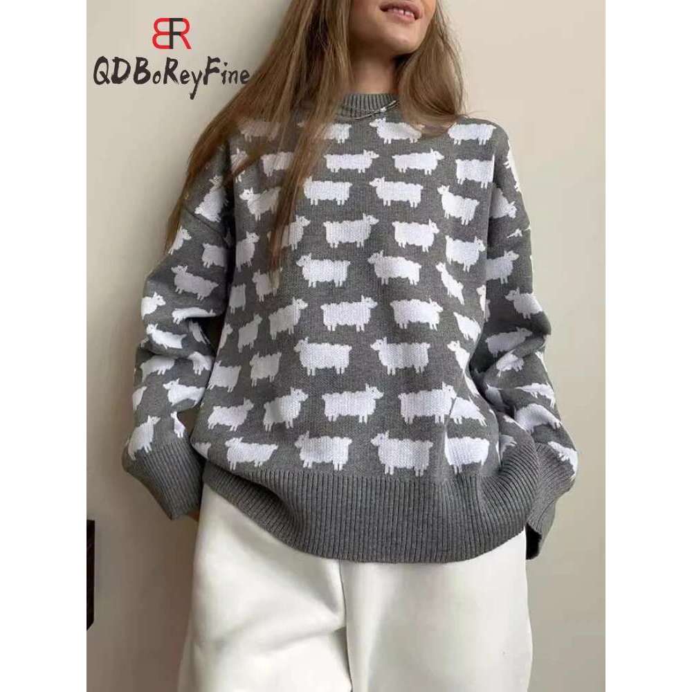 Women's Oversize Sweater Winter Autumn Animal Printed O-Neck Casual Jumpers Knitted Long Sleeve Tops Loose Office Pullovers 2024