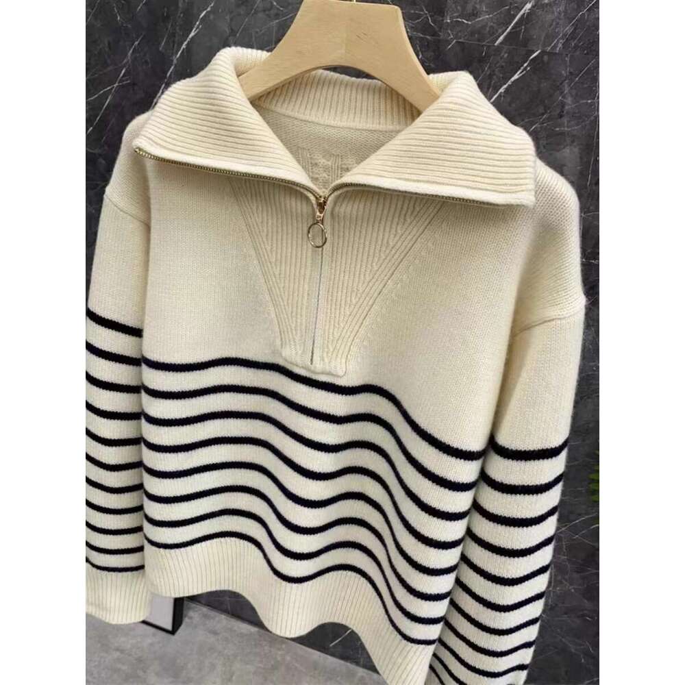 Autumn/Winter New Classic Striped Zipper Turtleneck + Lapel 100% Cashmere Knit Women's Bottom Sweater