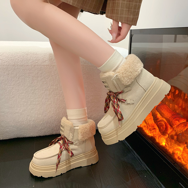 Women Fashion Boots:Thick Sole Snow Boots Winter Fleece Warm New Trendy British Style Lace Up Versatile,Light Tan/Khaki/Beige,Free shipping