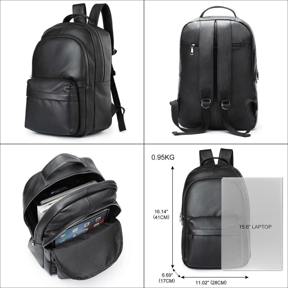 Men Genuine Backpack Classic Big Capacity Women Cow Leather Rucack 15.6 Inch Natural School Bag Office Daypack