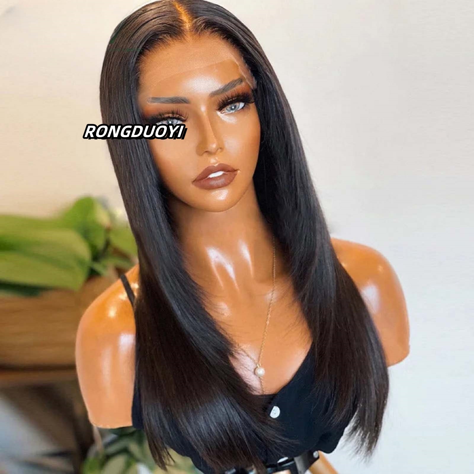 Long Straight Layered Synthetic Front Wig Glueless Ready to Wear Black Hair Lace Frontal Wigs for Women Party