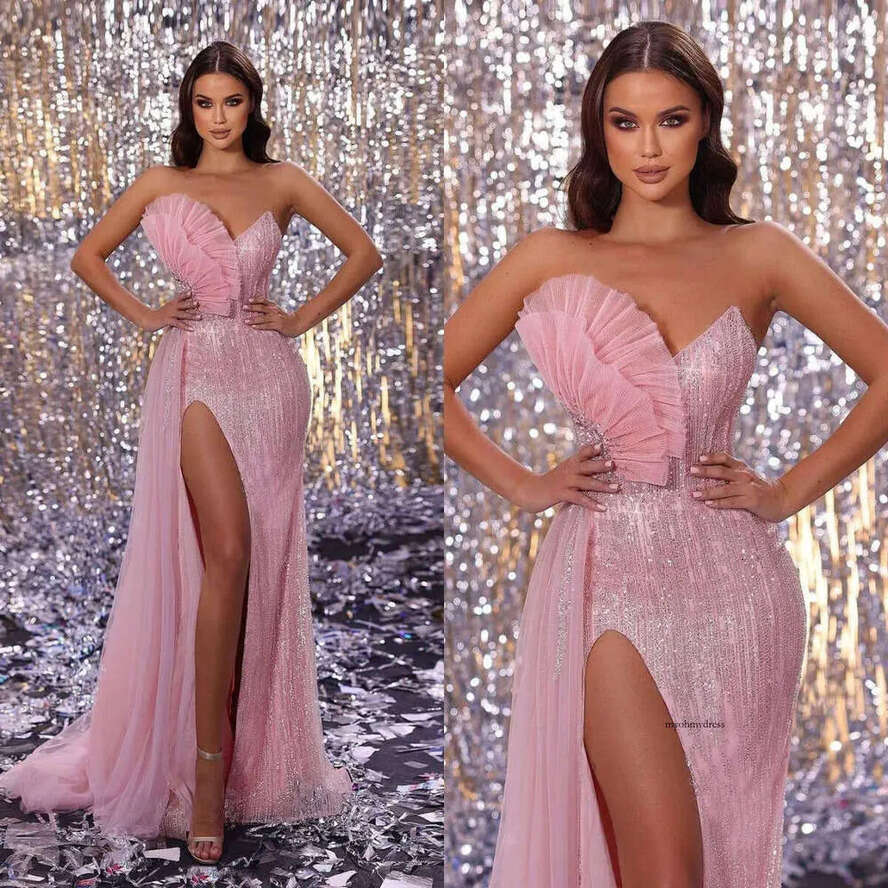 Evening Strapless Elegant Side Split Prom Gowns Sequins Sleeveless Rhie Custom Made Formal Party Dresses 0417