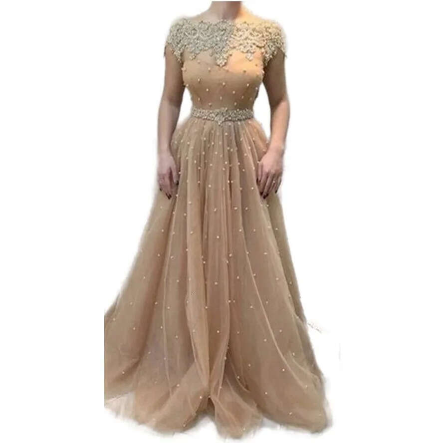 Pearls Beaded Or Length Prom Dresses A-E Backless Long Tulle Formal Evening Gowns With Belt Appliques Lace Elegant Party Special Ocn Wear 0509