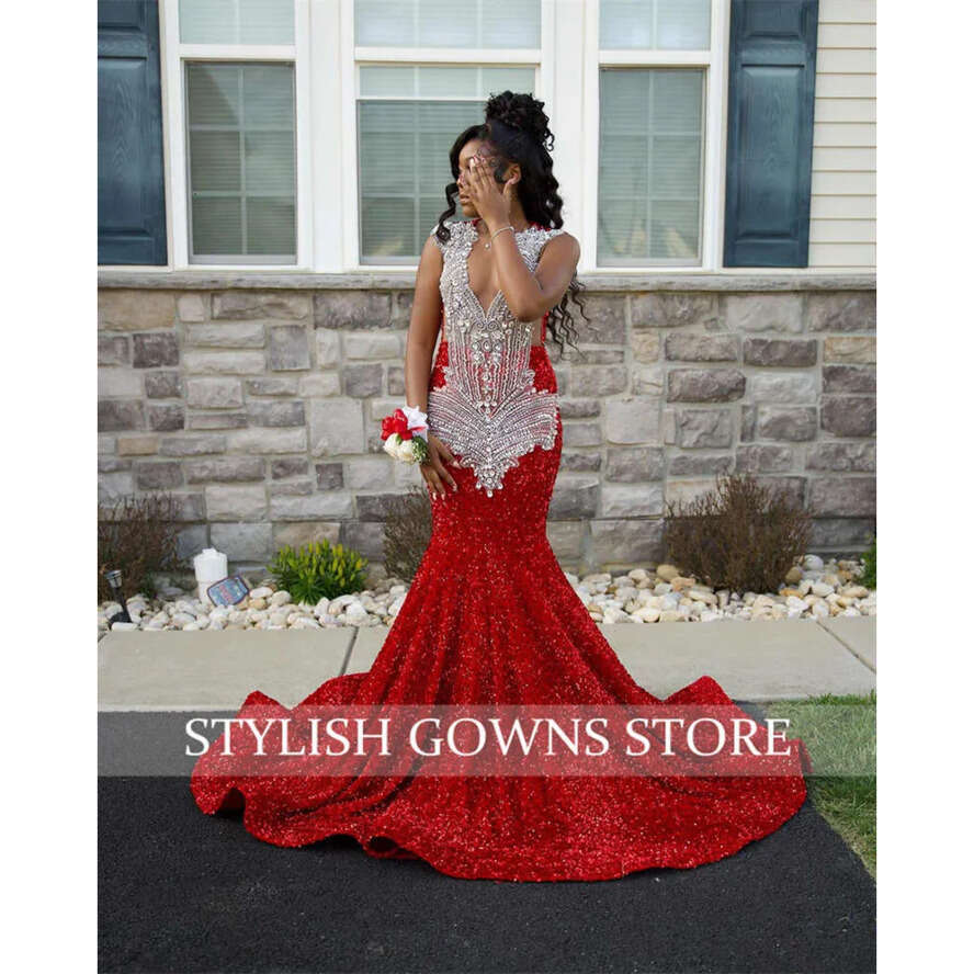 Red Sheer O Neck Long Prom Dress For Black Girls Beaded Crystal Rhie Birthday Party Gowns Sequined Evening Dresses Robe De 0914 0218