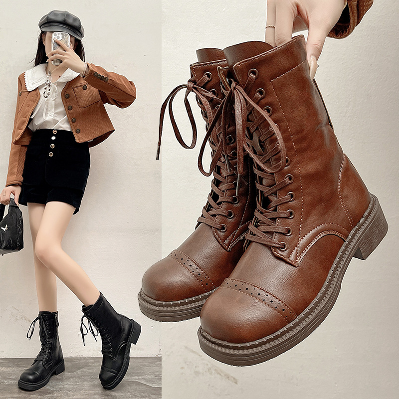 Women Fashion Boots:Retro Style Thick Sole High Heel Increase Height Martin Boots Winter British Style Round Toe,Black/Brown,Free shipping