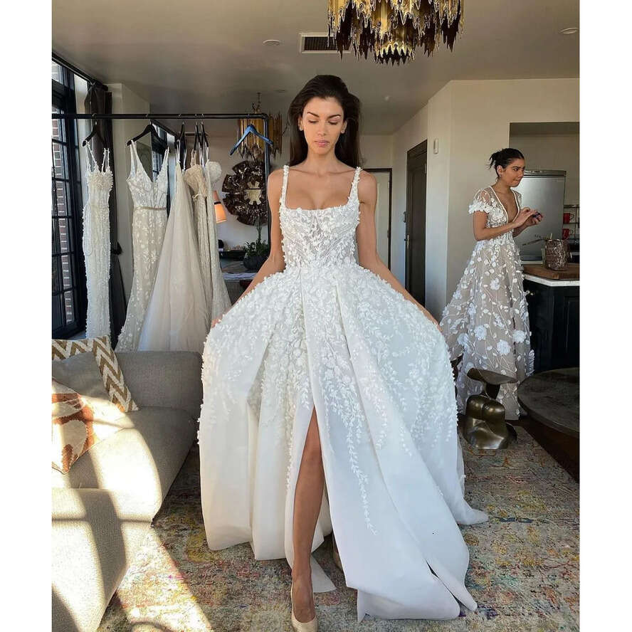 Straps Boho A E Dresses For Bride Square Neck Appliques Wedding Dress Vestidos De Novia Front Slit Designer Bridal Gowns 0515