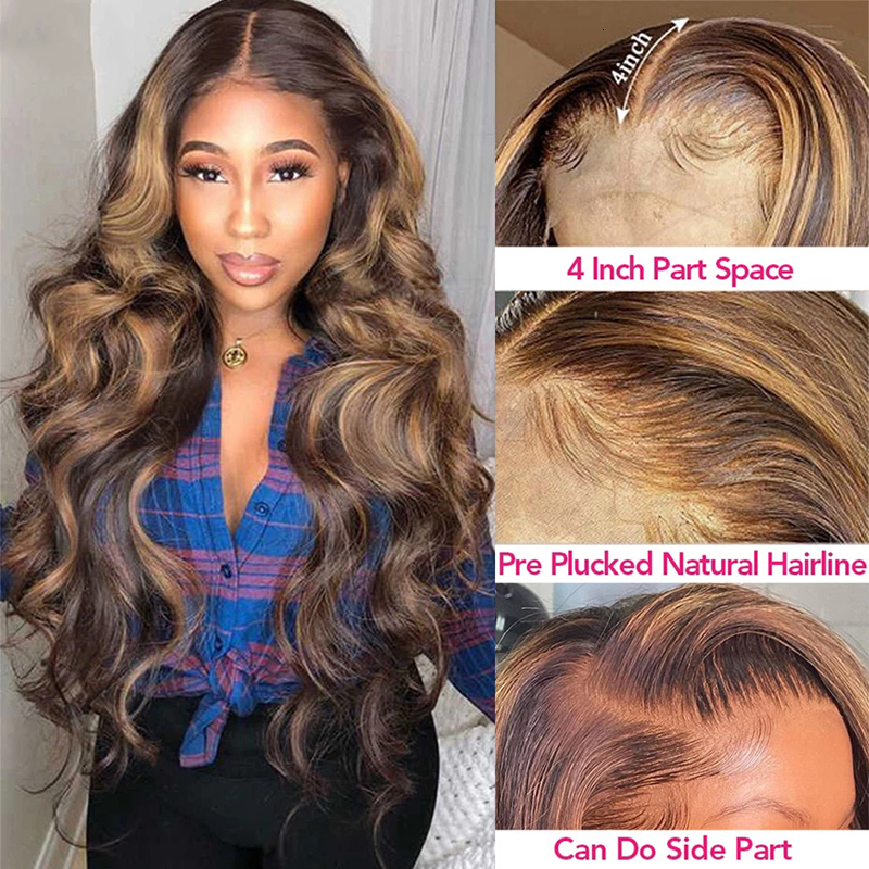 13x4 HD Highlight Ombre Body Wave Wigs 4/27 Blonde Brown 13x6 Lace Frontal Wig Colored Human Hair 180% For Women