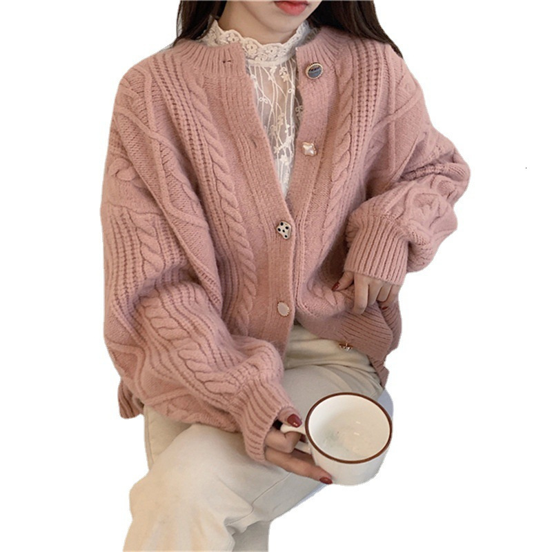 French Fried Dough Twists Round Neck Sweater Coat Autumn And Winter New Style Lantern Sleeve Loose Versatile Knitting Cardigan Women Dress F1028#45
