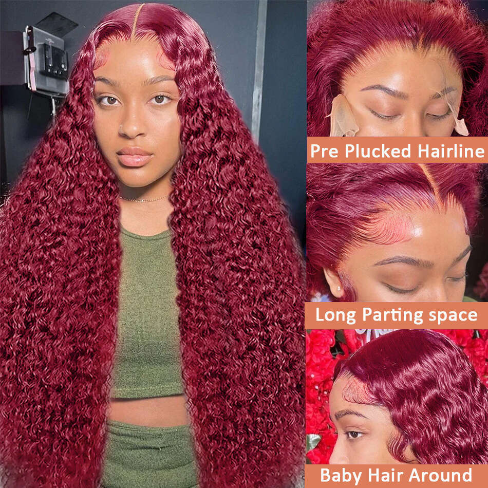 Inch J Burgundy HD Lace Front Wig Density X Red Curly Human Hair Colored Deep Wave Frontal For Women