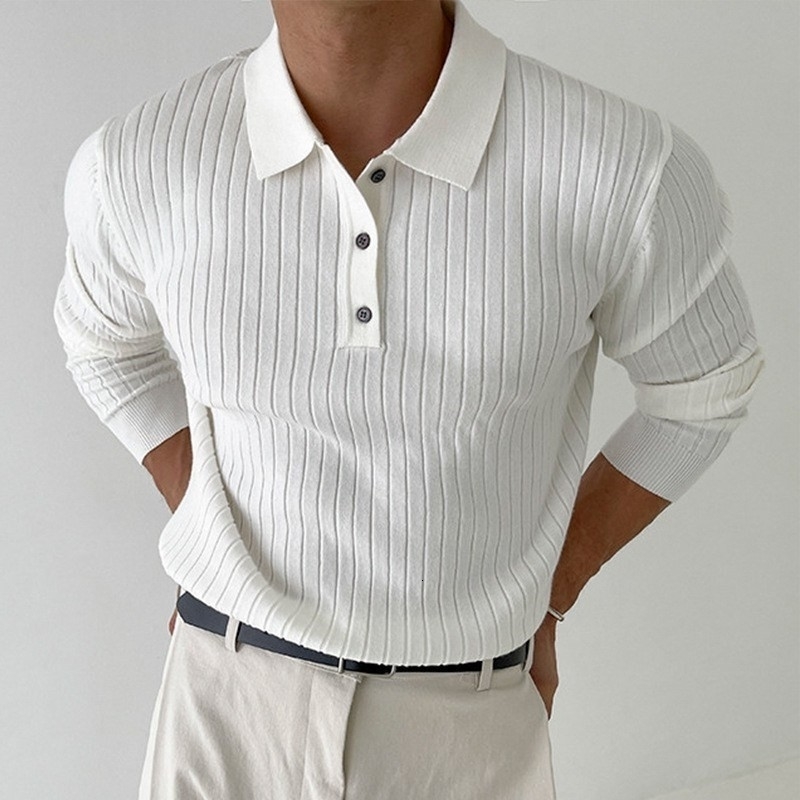 Mens Leisure Knit Polo Shirt Long Sleeve Buttondown Premium Solid Color Pullover Knitwear Streetwear Clothing 241025