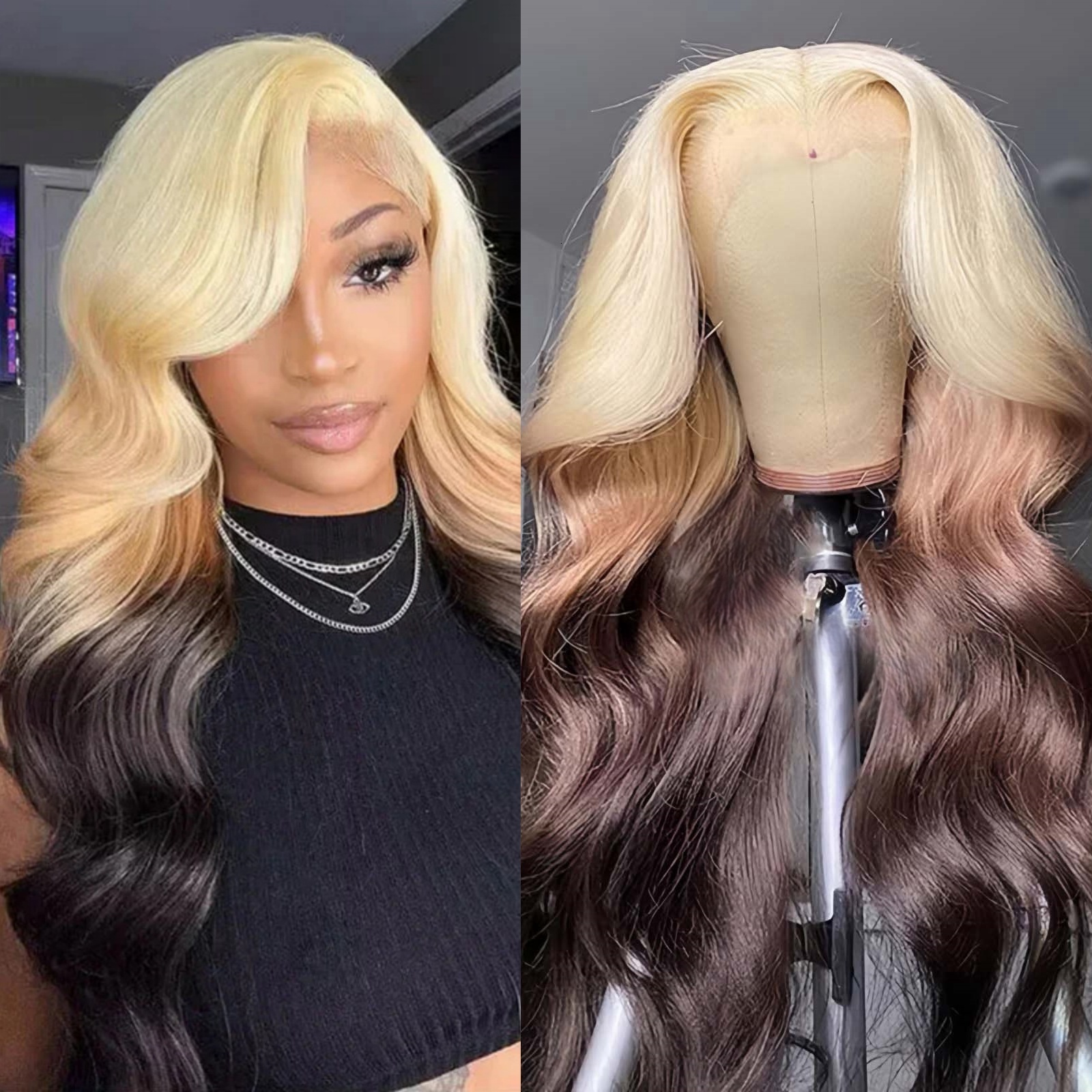 Ombre Blonde Synthetic Hair with Dark Brown Body Wave Long Wavy Lace Front Wig 13X4 Frontal Colored Wigs for Women Party