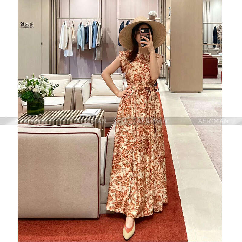 Women Vacation Style Ink Painting Orange Fragmented Wer Long Silk Dress With Belt