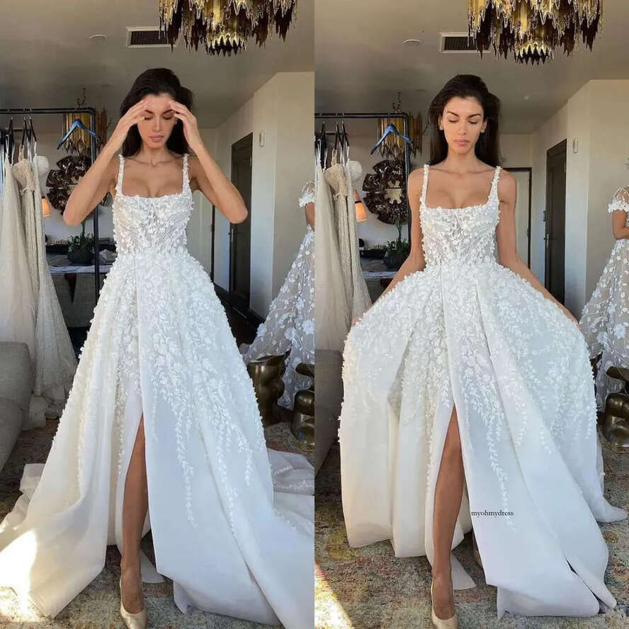 Straps Boho A E Dresses For Bride Square Neck Appliques Wedding Dress Vestidos De Novia Front Slit Designer Bridal Gowns 0515