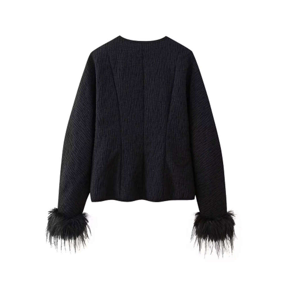 Fashion Feather Spliced Lace Up Solid Cardigan For Women Elegant 0-Neck Long Sleeve Oversized Sweater 2024 Lady High Streetwear