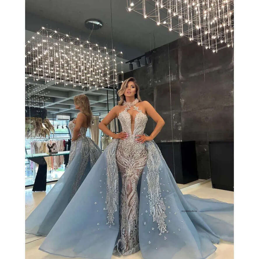 Exquisite Mermaid Prom Dresses Sleeveless V Neck Halter Appliques Beaded Pearls Or Length Detachable Train Evening Dress Bridal Gowns Plus Size Custom