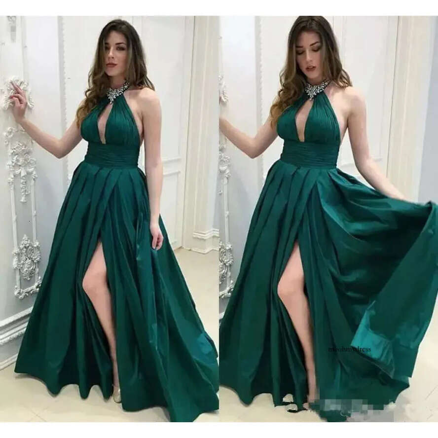 Dark Green Sexy Halter Hollow Out Satin Prom Dresses Sleeveless Side Split Or Length Evening Gowns Cheap Long Celebrity Wear 32 0510