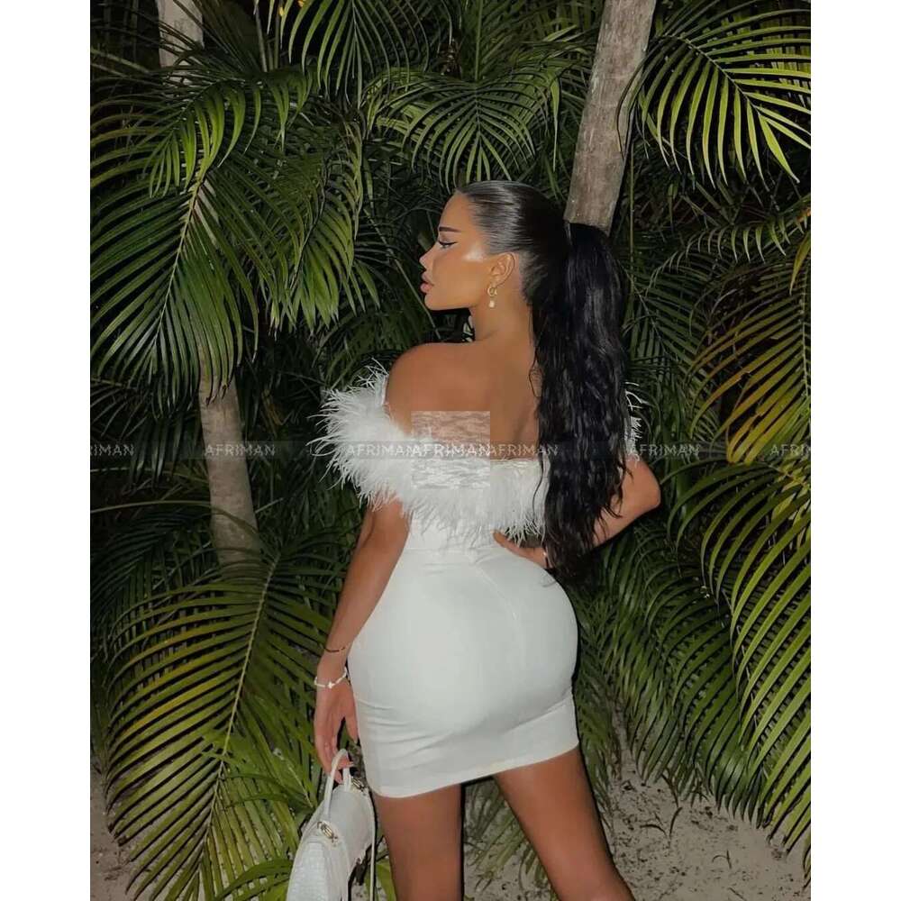 Women Ostrich Hair Strapless Slash Collar Celebrity Style Event Wear Sexy Bodycon Dress
