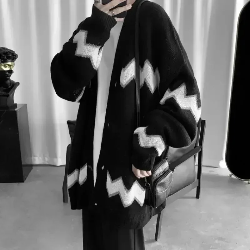 Knit Sweater Male Jacket V Neck Cardigan Mens Clothing Black Striped Coat Korean Autumn Clothes Casual Pull Oversize Cotton Fun 241024