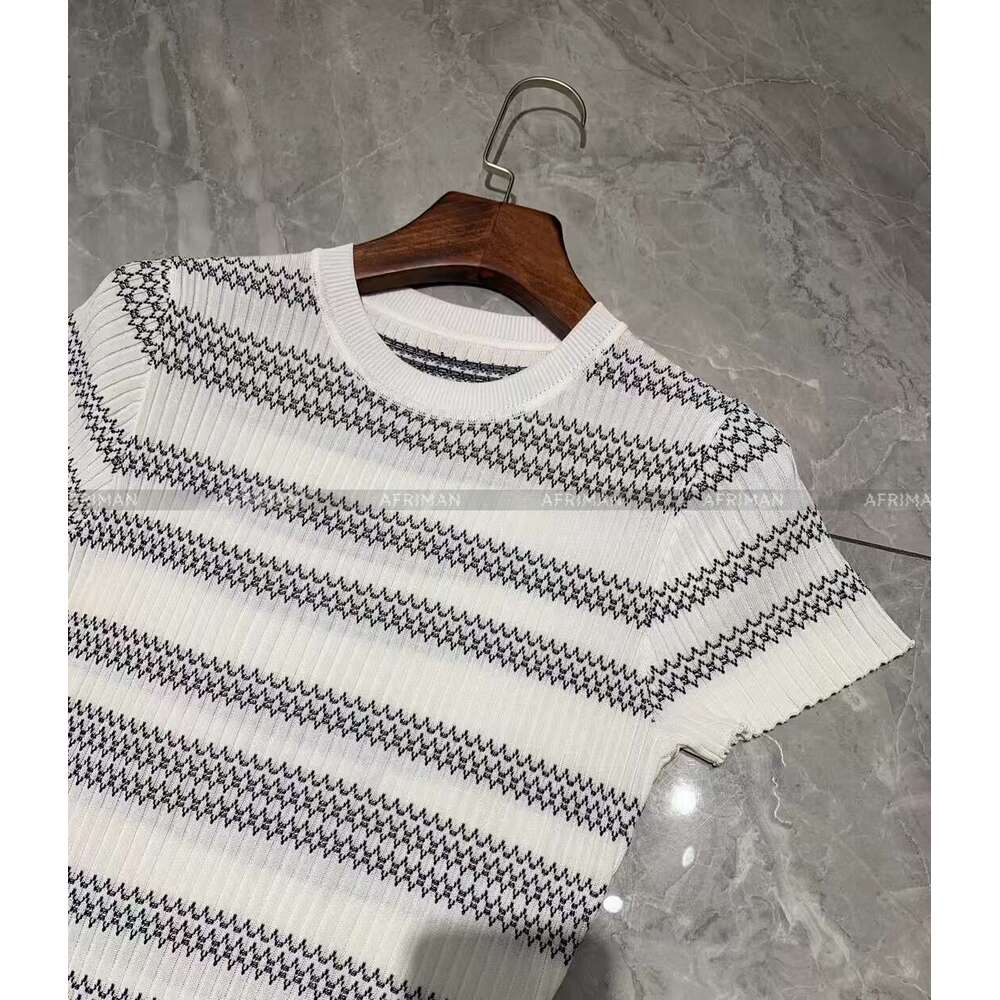Women Striped Round Neck Short Sleeve Ribbon Knit Maxi Dress