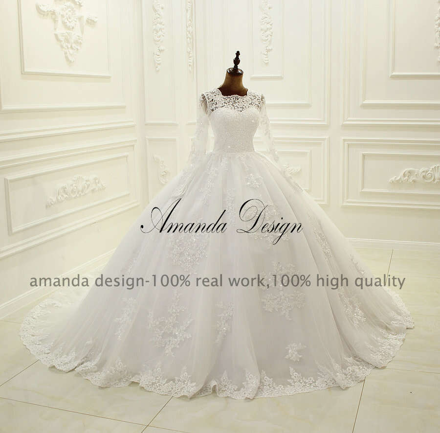 Amanda Design High Quality Long Sleeve Lace Appliques Puffy Empire Wedding Dress