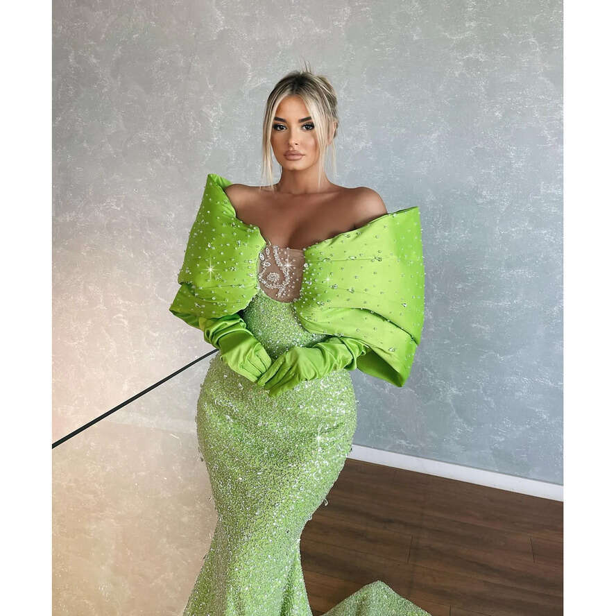 Elegant Green Mermaid Evening Off Shoulder Beads Sequins Formal Party Prom Dress Sweep Train Red Carpet Long Dresses For Special Ocn 0515