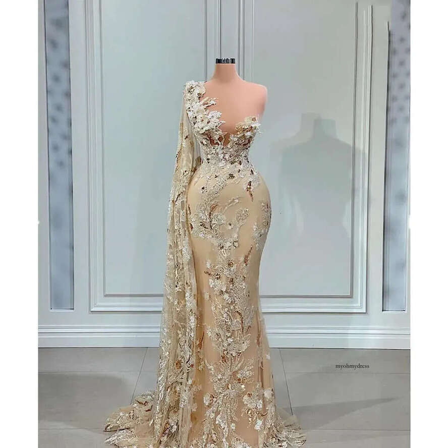 Unique Prom One Long Sleeve Strapless V Neck Lace Embroidery Appliques Sequins Dresses Beaded Train Or Length Evening Dress Plus Size Custom Made 0431