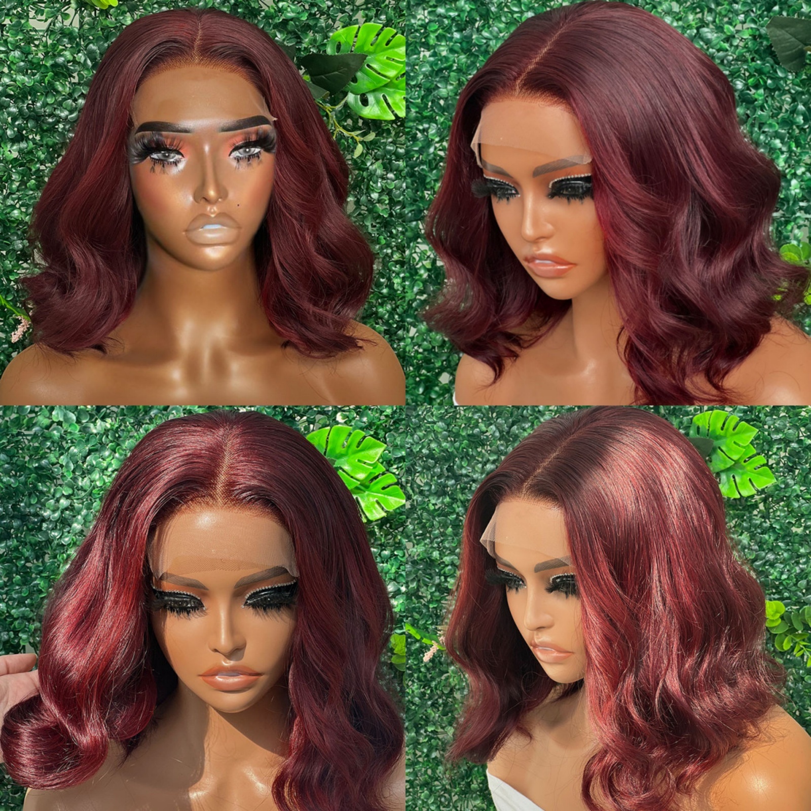Short Bury Wigs for Women Synthetic Hair Shoulder Length Bob Curly Wavy Dark Colored 13X4 Frontal Red Lace Front Wig