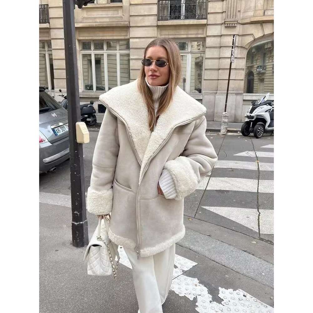 2024 Winter Plush Leather Fur Coat Women Veet Lapel Long Sleeve Zipper Pocket Coatts Elegant Warm Thicken Loose Jacket Overcoa