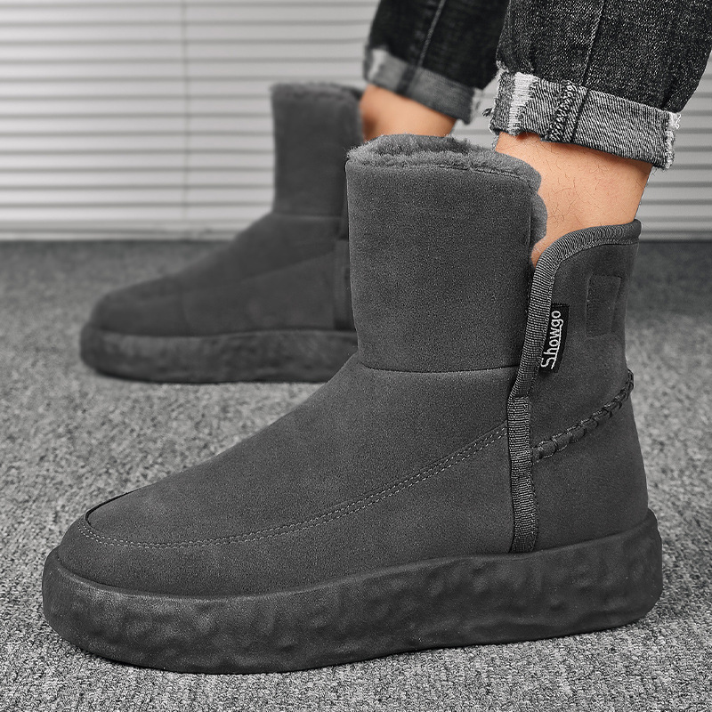 Winter men's high rise thick soled snow boots with thick fleece and warm cotton shoes, short boots