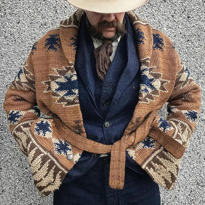 Europe and The United States Men Heavy Jacquard Fashion Sweater Autumn Winter Retro Casual Thick Cardigan Knit Coat 241024