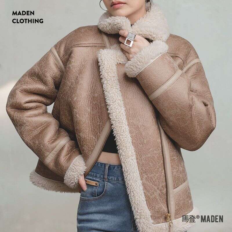 MADEN Women Imitation Lamb Fur Leather 2024 Autumn Winter Long Sleeve Turn-Down Collar Warm Thick Coat Bomber Jacket