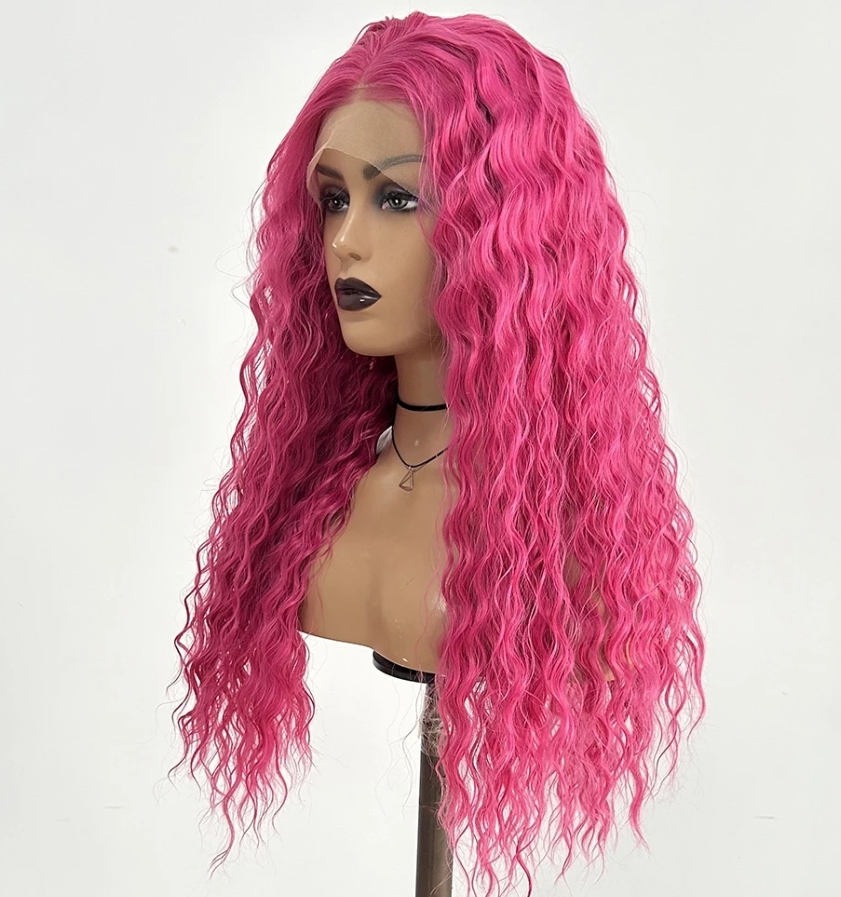 Hot Pink Deep Wave Synthetic Front Wig Glueless Natural Haire Rose Red Long Curly Hair Lace Frontal Wigs for Women