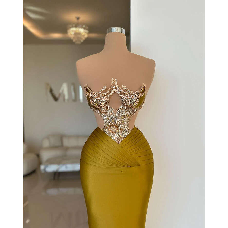 Dark Yellow Mermaid Elegant Beads Strapless Prom Dress Beading Long Dresses For Special Ocns Cutaway Sides Evening Gowns 0515