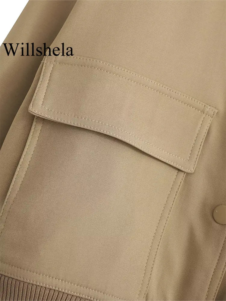 Willshela Women Fashion Solid Bomber Jackets Coat With Pockets VNeck Single Breasted Long Sleeves Female Chic Lady Outfits 241024