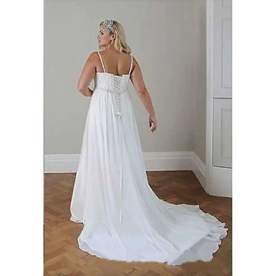 Modest Plus Size Dresses Beach Wedding Chiffon A E Or Length Spaghetti Straps Lace Up Back Simple Elegant Boho Bridal Gowns White Wed Dress For Bride 