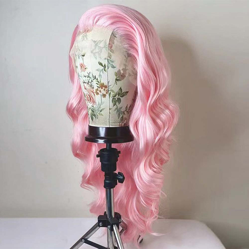 RONGDUOYI Light Pastel Pink Lace Front Synthetic Frontal Wigs for Women Long Wavy Loose Wave Curly Hair Wig Daily Party Cosplay