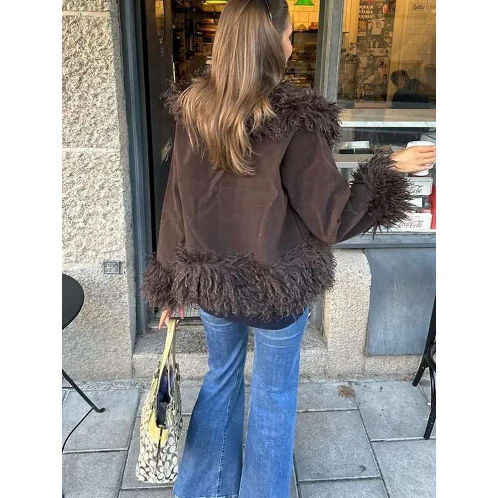 Women Coffee Suede Leather Fluffy Fur Spliced Coat Fashion Autumn Winter Lapel Warm Thick Jacket 2024 New Lady Street Outerwear