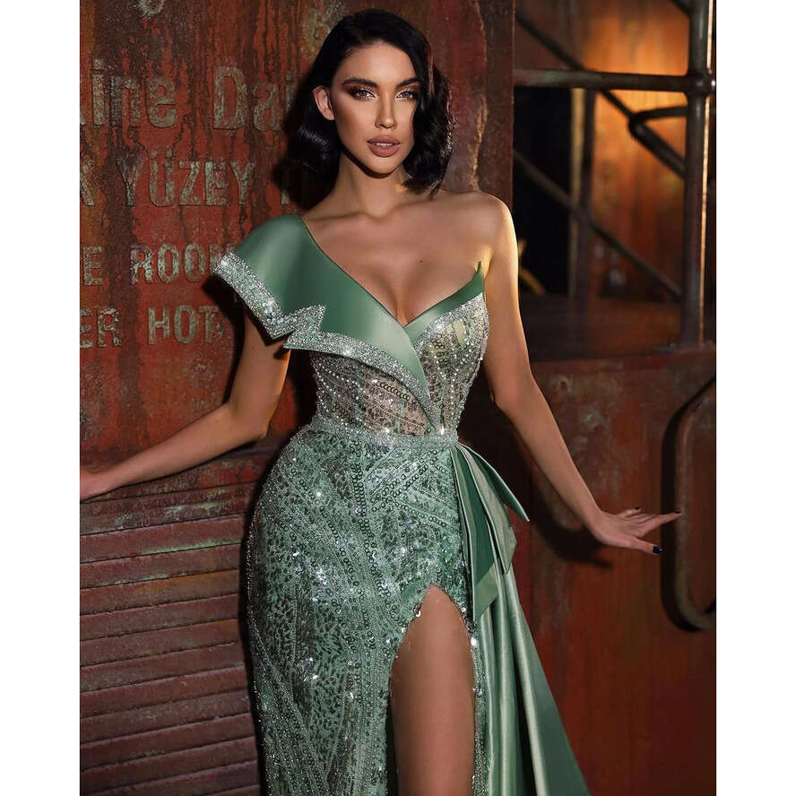 Gorgeous Green Evening V Neck Sequins Satin Formal Party Prom Dress Thigh Split Dresses For Special Ocn Robe De Soiree 0515