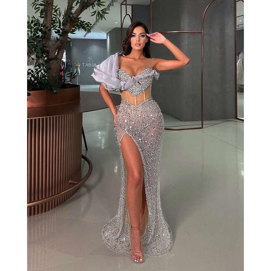Sexy Sier Grey Mermaid Evening Beads V Neck Formal Party Prom Dress Split Red Carpet Long Dresses For Special Ocn 0515