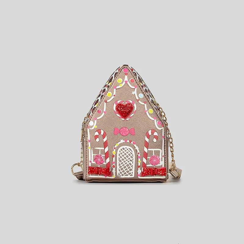 Creative Gingerbread House Shaped Crossbody Bag for Women Love Hearts Bow Deco Rhinestone Shoulder Bags Funny Cute Chains Purses 241025