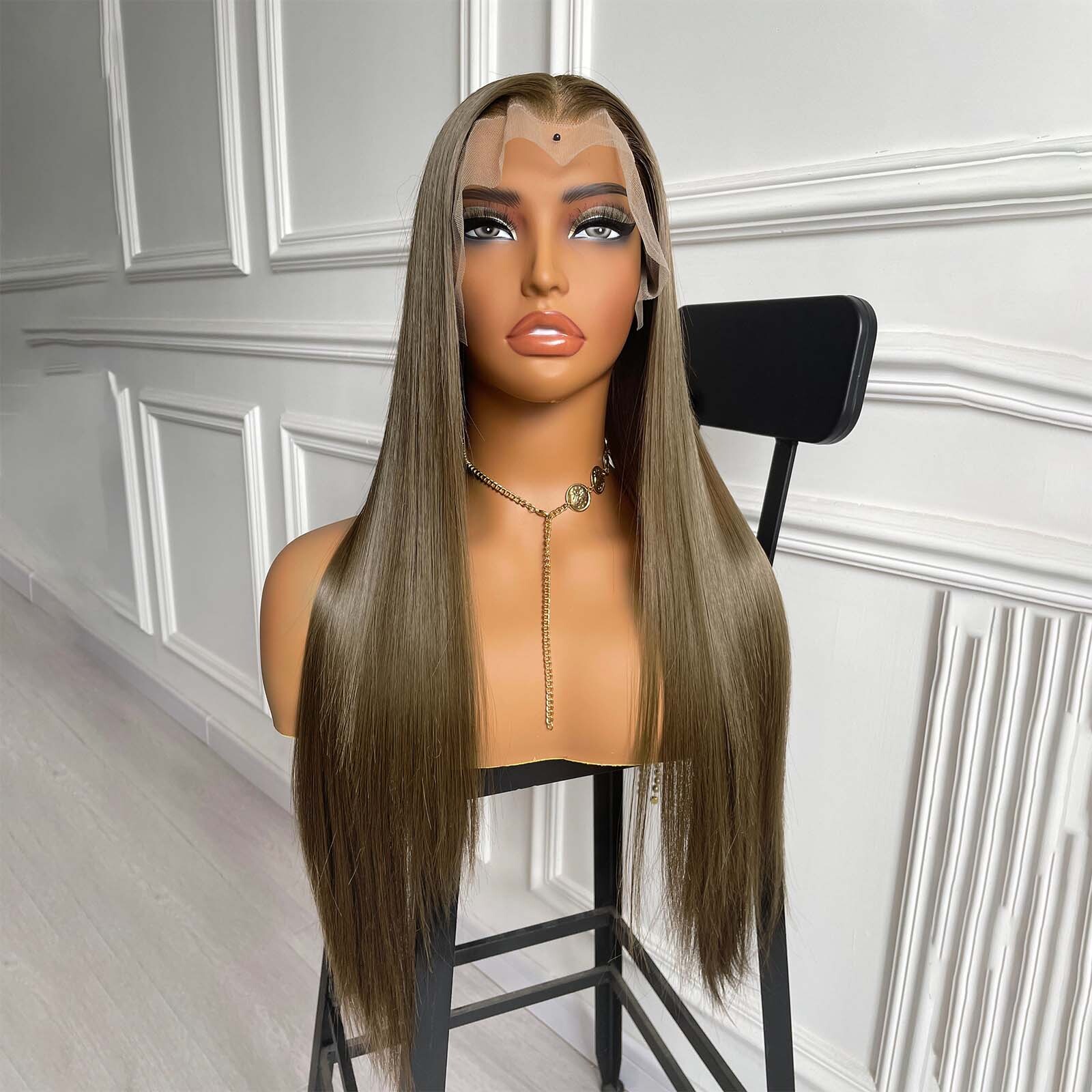 13X4 Long Straight Synthetic Hair Front Wig Natural Light Brown Brunette Colored Lace Frontal Wigs for Women