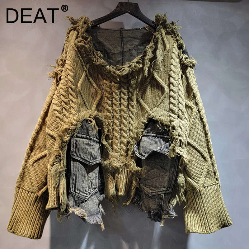 DEAT 2024 Autumn New Items Fashion Women's Twists Knitted Splice Denim Short Sweater Loose O-Neck Long Sleeve Top Female 29L8195