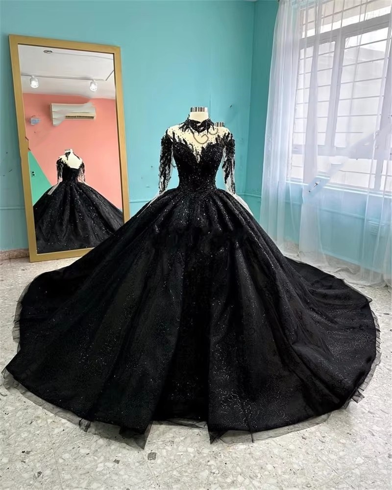 Black Princess New Design O Neck Ball Gown Quinceanera Dress For Girls Sequin Birthday Party Gowns With Full Sleeve Prom Dresses