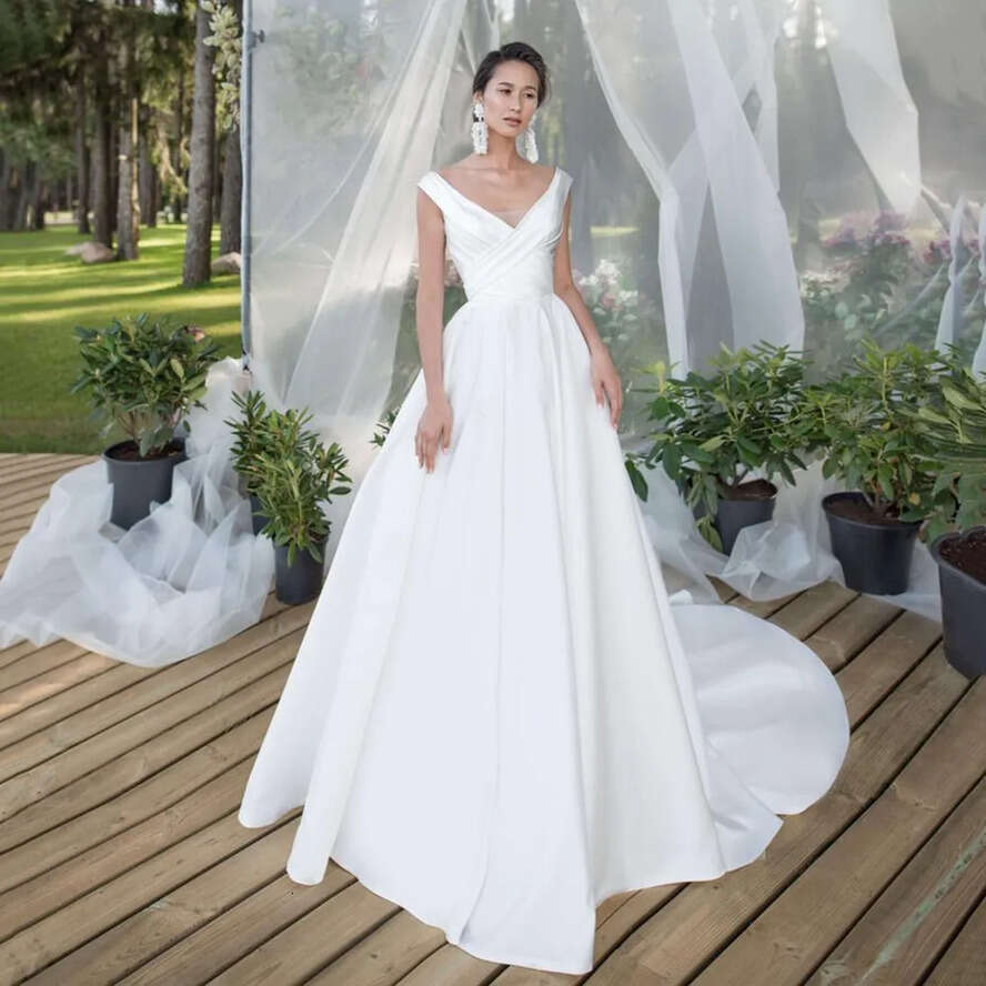 Simple Plus Size A E Wedding Dress Satin Bridal Gowns Off Shoulder V Neck Ruffle Pleats Zipper Back Sweep Train Country Style Formal Marriage Dresses 