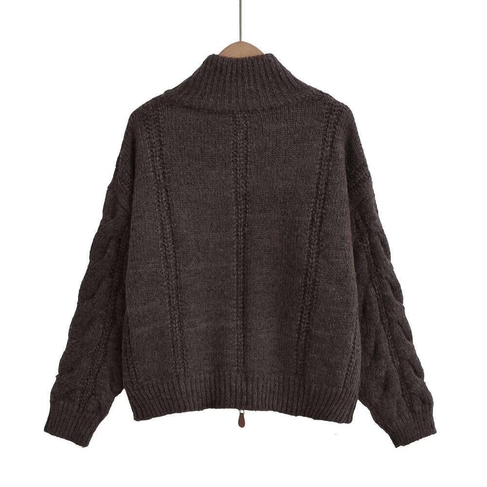 TRAFZA Women Fall Winter Vintage Brown Double Zipper New Fashion Casual Stylish Retro Knitted Sweater