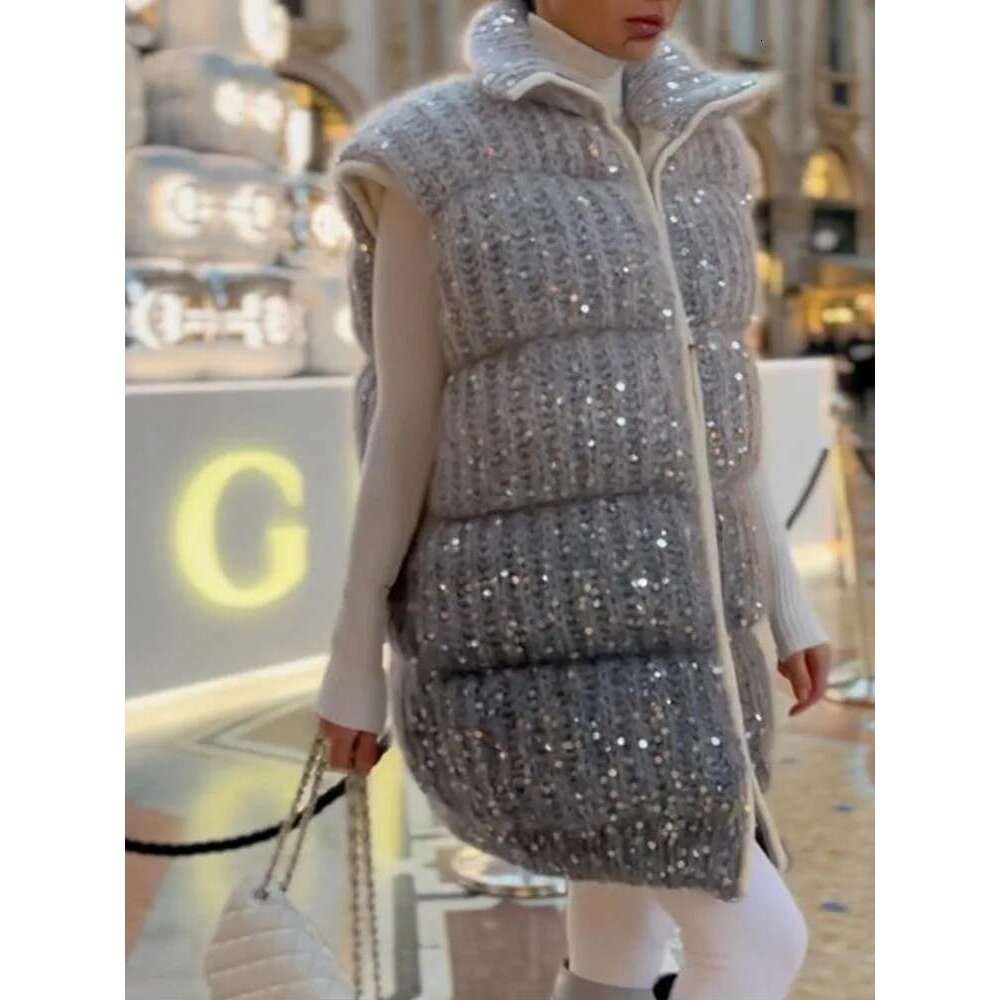 2024 Gradient Sequins Sleeveless Knitted Vest Fashion Stand Collar Zipper Short Coat Autumn Winter New Warm Street Waistcoat